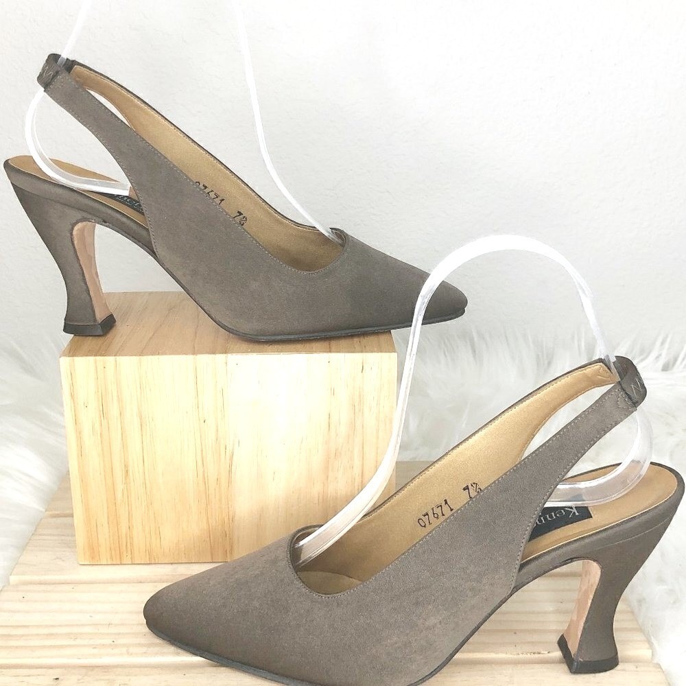 Kenneth Cole New York Greige Metallic Slingback Heels Pointy Toe Square Heel 7.5